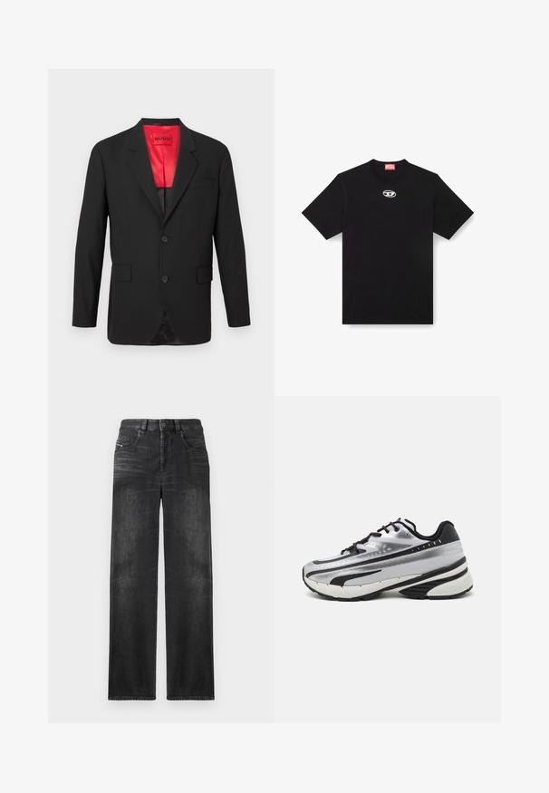 Svart kavaj i lätt material, med röd satinfoder, två frontknappar och två sidofickor samt en enkel bröstficka.; Svart bomulls-t-shirt med rund hals och korta ärmar. Har en liten, silverfärgad logotyp broderad i mitten av framsidan.; Svarta rak ben-jeans i denim, med fem fickor, bälteshällor och subtila blekningar på tyget för struktur.; Löparskor med överdel i silvernät, svarta accenter och vit sula. Har en strukturerad design och svarta skosnören. Lätta och vadderade.