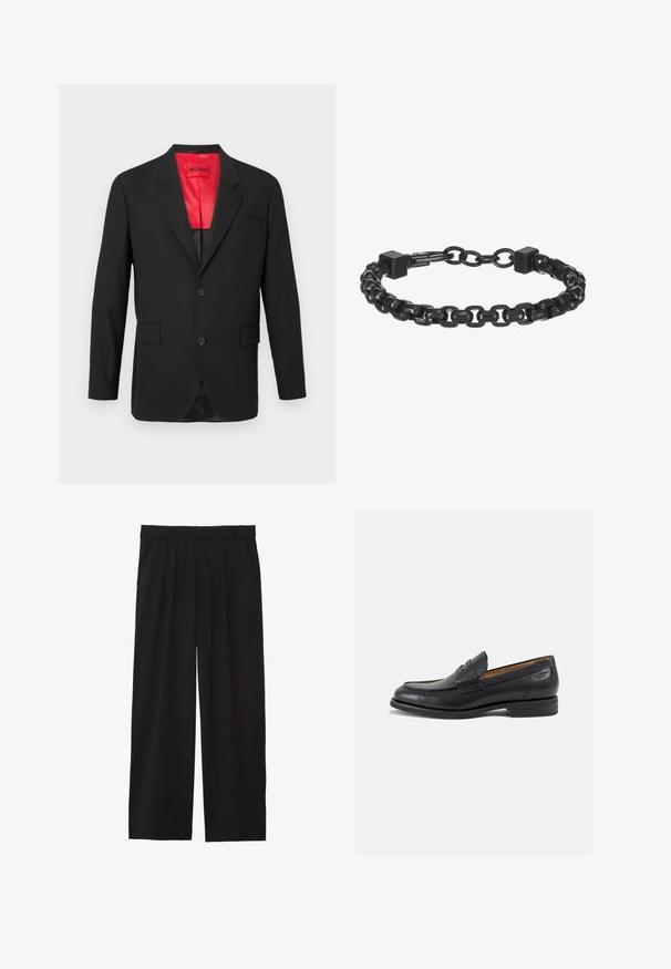 Mustvalge bleiser kergetest materjalidest, millel on punane siidvooder, kaks esist knopka ja kaks külgtaskut koos ühe rindetaskuga.; Valge lühikeste varrukatega T-särk, lõdva lõikega, ümar kaelus, sileda puuvillase kangaga, kaunistamata selg, sirge alläär, ilma mustrite või aktsентideta.; Mustad laiad püksid pleediga esiosas, küljetaskud ja sile kangas. Disainitud mugavaks istuvuseks.; Mustad mustad nahast loafers, sujuva viimistlusega, ümar sirge ja dekoratiivne tikand peal. Madal ja kergelt kuhjatud konts ning kerge läige.; Musta metallketti käevõru, mis sisaldab üksteisega seotud linke, neljakandilisi aktsente ja sileda tekstuuri. Reguleeritav disain sobivuse tagamiseks.