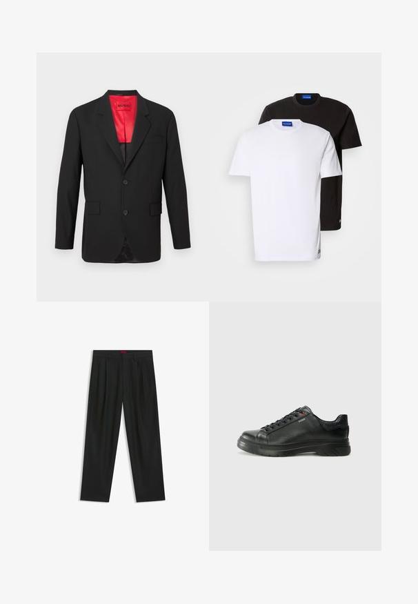 Black blazer in lightweight fabric, featuring a red satin lining, two front buttons, and two side pockets with a single chest pocket.; Two T-shirts stacked: one white and one black. Short sleeves, round necklines, cotton fabric. Features a small blue logo at the neckline.; Black trousers with a pleated design, wide leg shape, and a smooth texture. Features a red waistband tag.; Black leather sneaker with textured upper, padded collar, and red logo detail. Features a thick rubber sole with distinct tread pattern.