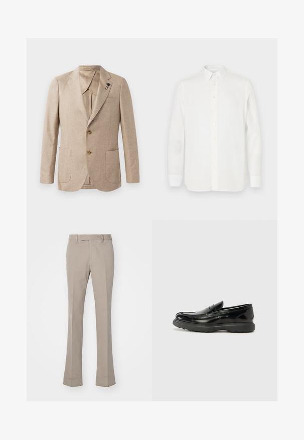 Šviesiai rudas zigzago rašto bleiseris su dviem priekinėmis kišenėmis, vienasmygtukinė konstrukcija ir auksinės spalvos mygtukais. Ištiestas interjeras su rudais apykaklėmis.; Balti ilgi rankoviai marškiniai, pagaminti iš lengvos medžiagos, su klasikinėmis apykaklėmis, mygtukų uždarymu ir tiesiu apdaila. Lygus tekstūra.; Šviesiai smėliniai kelnių su tiesiu kirpimu, pagaminti iš lygios medžiagos. turi diržo kilpos liemenį ir tvarkingas, atrodančias siūles.; Juodas odinis loaferis su blizgiu paviršiumi, apvaliu pirštu, subtiliais siūlių detalėmis ir storu guminio pado, užtikrinančio ilgaamžiškumą.