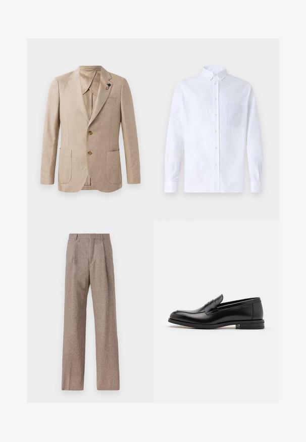 Beige herringbone blazer with two front pockets, single-breasted design, and gold-tone buttons. Lined interior with a brown collar.; White long-sleeve button-up shirt made of cotton, featuring a chest pocket with tonal embroidery, a collar, and button cuffs.; Brown, high-waisted trousers made of textured fabric. Features wide legs and two front pleats for structure. Neat finish with no visible hardware.; Black leather loafers with a smooth texture, rounded toe, and a decorative strap across the vamp. Low stacked heel, minimalist design.