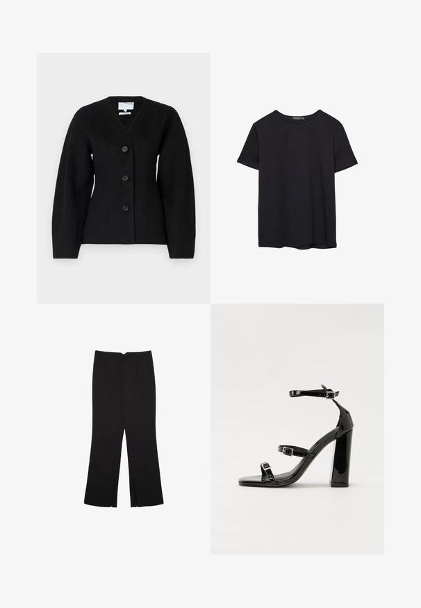 Black wool blend jacket with a deep V-neck, four buttons, structured shoulders, and long sleeves; features clean lines and minimal design.; Plain short-sleeve black cotton T-shirt with crew neck, displayed on a white background.; Black trousers with a straight fit, featuring front pockets and side slits at the hem. Made of soft, smooth fabric. Suitable for various occasions.; Black patent heeled sandals with a square toe, ankle straps, and silver buckles. Features a chunky block heel for stability.