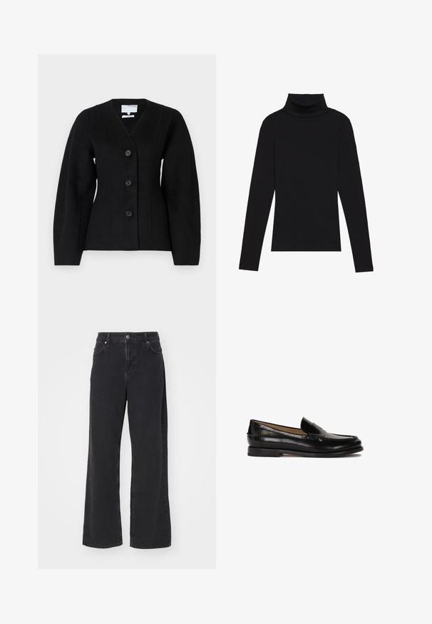 Juodas vilnos mišinio švarkas su giliu V-kaklu, keturiais mygtukais, struktūrizuotomis petukais ir ilgomis rankovėmis; turi švarias linijas ir minimalų dizainą.; Juoda turtleneko ilgo rankovės viršutinė dalis, pagaminta iš raukšlėtos medžiagos, turi prigludusią formą, aukštą apykaklę ir neturi jokių raštų ar akcentų.; Juodais aukštu liemeniu tiesiais džinsais su priekyje esančia saga, diržo kilpomis ir kišenėmis, eksponuojami ant baltos fono.; Juodas odinis loafers stiliaus batelis su apvaliu nosimi, lengvai užsidedantis dizainas ir subtilūs siuvinėjimo detalės viršuje. Lygus guminis padas.