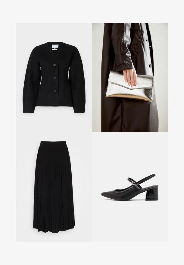 Giacca nera in misto lana con scollo a V profondo, quattro bottoni, spalle strutturate e maniche lunghe; presenta linee pulite e un design minimalista.; Due top senza maniche in nero e bianco. Realizzati in un morbido tessuto elasticizzato con una texture a costine e un design aderente. Presentano spalline sottili.; Gonna nera plissettata con vita alta e elastica. Realizzata in tessuto morbido, presenta plissettature verticali per una silhouette fluida.; Décolleté in vernice nera con cinturino dietro, punta affusolata, design con ritagli arrotondati e tacco a blocco. Presenta un accento di fibbia tono oro.; Clutch metallico argento con un design a busta angolare, texture liscia e colore interno a contrasto, tenuto in mano da una persona che indossa un cappotto nero.
