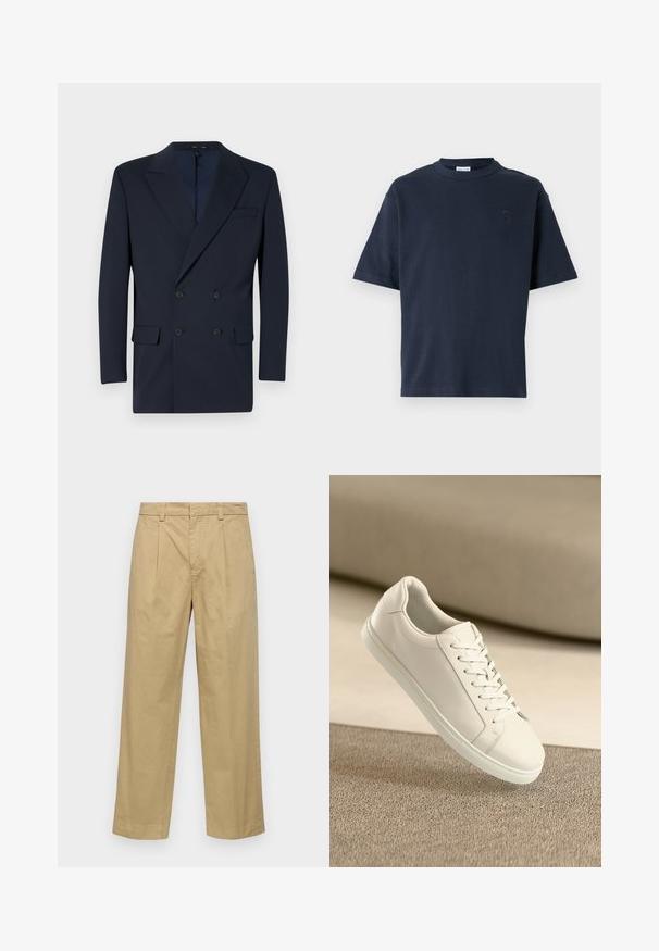 Sötétkék, dupla gombos szabású blézer sima anyagból, hegyes reverrel, két elülső zsebből és két gombos záródással.; Tengerészkék, rövid ujjú pamut póló. Kerek nyakkivágással és finom logóval az emlőn. Egyenes vonalú fazon, minta nélkül.; Beige színű, egyenes szárú pamut nadrág, elülső redőkkel és oldalsó zsebekkel. Az anyag sima, puha tapintású.; Fehér bőr sneaker fehér fűzőkkel, bézs textúrázott felületen és lágyan elmosódott háttérrel bemutatva.