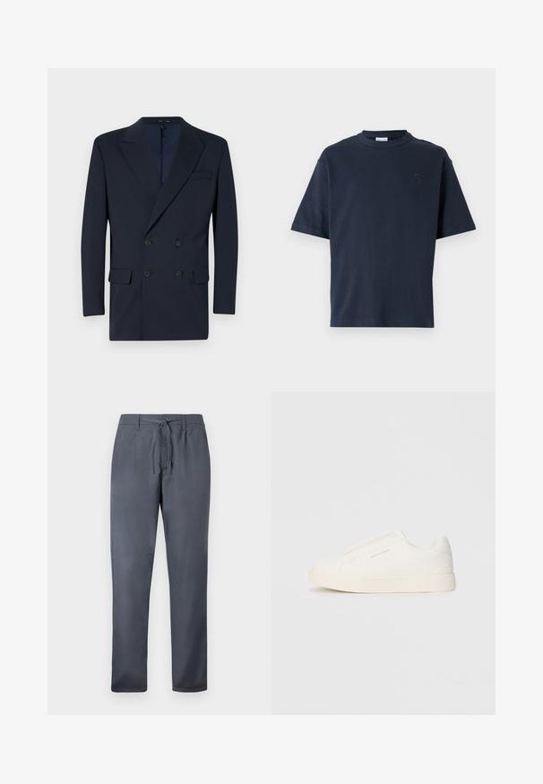 Navy blue double-breasted blazer made of smooth fabric, featuring peaked lapels, two front pockets, and two-button closure.; Navy blue short-sleeve t-shirt made of cotton. Features a round neck and a subtle logo on the chest. Straight cut design with no patterns.; Gray trousers made from smooth fabric, featuring a drawstring closure and side pockets. Straight-leg design with a clean finish.; White slip-on sneakers with a textured surface, a thick sole, and minimalistic design. Features brand logo on the side.