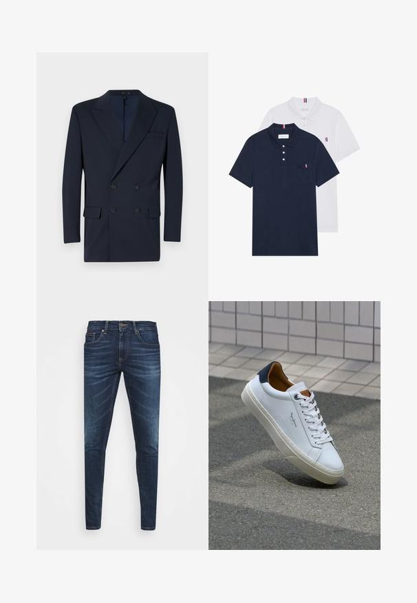 Granatowa marynarka dwurzędowa wykonana z gładkiego materiału, z wyłogami w kształcie szpica, dwoma przednimi kieszeniami i zapięciem na dwa guziki.; Dwa koszulki polo: jedna granatowa, a druga biała, obie z małym akcentem w kolorach czerwonym, białym i niebieskim na kieszeni na piersi oraz kołnierzyku.; Granatowe dżinsy o slim fit, delikatnym wyblaknięciu, pięciu kieszeniach i metalowym zapięciem. Haftowane akcenty w kontrastowym kolorze.; Białe skórzane trampki z granatowym piętkiem, okrągłym noskiem i kontrastowymi brązowymi akcentami. Posiadają płaskie sznurówki i teksturowaną gumową podeszwę.