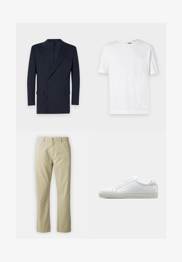 Marineblauwe dubbel-breasted blazer van soepel materiaal, met gesneden revers, twee voorzakken en een sluiting met twee knopen.; Witte katoenen t-shirt met een ronde hals, korte mouwen en omgeslagen mouwen; ongecompliceerd ontwerp, zachte textuur en rechte snit.; Beige katoenen broek met een recht ontwerp, knoopsluiting aan de voorkant en riemlussen. Gladde textuur, geen zichtbare patronen of accenten.; Witte sneaker met een gladlederen bovenwerk en een laag profiel. Voorzien van een ronde neus, zes vetergaatjes en een gestructureerde rubberen zool.