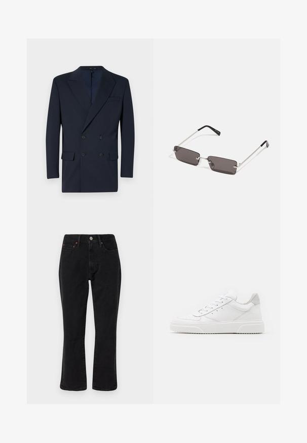 Marineblauwe dubbel-breasted blazer van soepel materiaal, met gesneden revers, twee voorzakken en een sluiting met twee knopen.; Witte katoenen t-shirt met korte mouwen, ronde hals en een rode grafische tekst "LEKKER VERFRISSEND FRUIT" aan de voorkant.; Zwarte denim jeans met een rechte pasvorm, vijf zakken en metalen hardware met koperen accenten. Gladde textuur en een gemiddelde taillehoogte.; Witte leren sneakers met een gladde afwerking, ronde neus, platte veters en een gestructureerde zool. Grijze suède accent bij de hiel.; Zonnebril met rechthoekige, donkergrijze lenzen, zilveren metalen frames en zwarte kunststof uiteinden op de armen. Lichtgewicht ontwerp met neuspads.