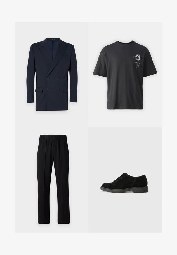 Navy blue double-breasted blazer made of smooth fabric, featuring peaked lapels, two front pockets, and two-button closure.; Black cotton t-shirt with short sleeves, round neck, and front graphics of a sun and moon, accompanied by text "Le Soleil et La Lune."; Black, elastic-waist trousers with a straight-leg design, featuring a smooth texture and no visible patterns or hardware.; Black suede dress shoe with a rounded toe, contrasting stitching, and a rubber sole. Features minimal lacing and a smooth upper design.