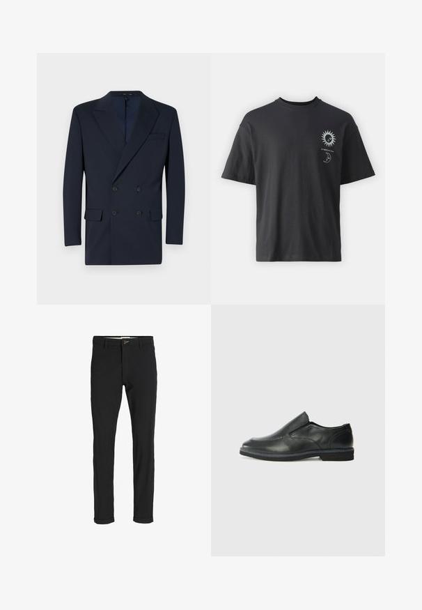 Navy blue double-breasted blazer made of smooth fabric, featuring peaked lapels, two front pockets, and two-button closure.; Black cotton t-shirt with short sleeves, round neck, and front graphics of a sun and moon, accompanied by text "Le Soleil et La Lune."; Black cotton blend pants with a slim fit, featuring a button closure, pockets, and rolled cuffs for a casual finish.; Black leather slip-on shoe with a smooth upper, stitched accents, rounded toe, and a low rubber heel. Sole features minimal tread.