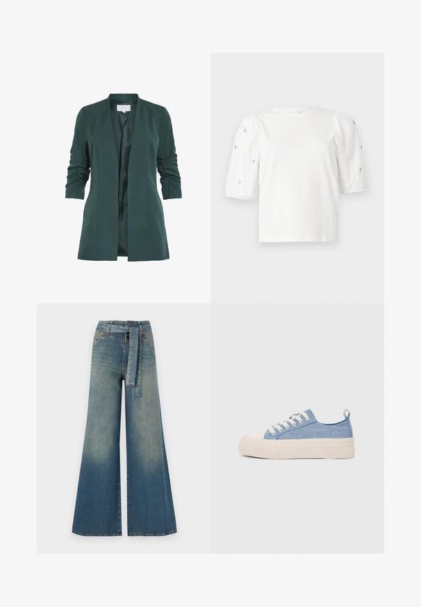 Green tailored blazer with a smooth texture and ruched three-quarter sleeves. Features an open front and a satin lining.; White cotton t-shirt with short puff sleeves, featuring small silver embellishments along the sleeves. Classic round neckline, relaxed fit.; Wide-leg denim trousers featuring a light to dark blue gradient, high waist, belt loops, and a matching fabric belt. Textured denim finish.; Light blue canvas sneakers with a cream rubber toe cap and outsole, featuring white laces and a pull tab on the heel.