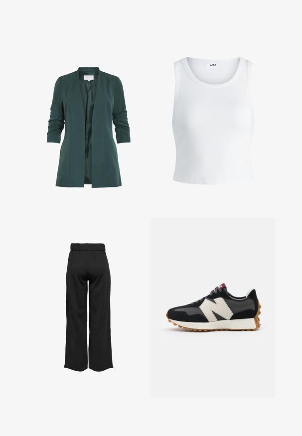 Blazer verde ajustado con una textura suave y mangas de tres cuartos con fruncidos. Presenta un frente abierto y un forro de satén.; Top de tirantes blanco con canalé, con un cuello redondo, diseño sin mangas y largo corto. La etiqueta dice "JJXX". Textura de tela suave.; Pantalones negros de pierna ancha con cintura elástica, fabricados en un tejido suave. Presentan un diseño limpio sin bolsillos ni detalles de costura visibles.; Zapatillas de ante negras y grises con un gran logo "N" en color crema, cordones morados y una suela de goma texturizada en color marrón.