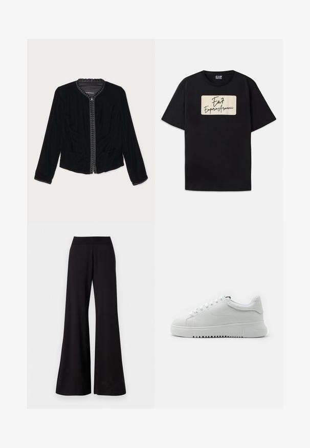 Svart sammet zip-up jacka med volang i halsen, två frontfickor och långa ärmar. Slät textur med en figursydd design.; Svart bomullströja med ett rektangulärt varumärkeslogo i en krämfärg med handskriven text. Kort ärm och standard passform.; Svarta vida byxor i ett mjukt tyg med en hög, elastisk midja. Byxorna har en hel längd och en enkel design utan mönster.; Vita sneakers med en texturerad läderöverdel, rund tå och snörningsdesign. Tjock vit gummisula med texturerat greppmönster.