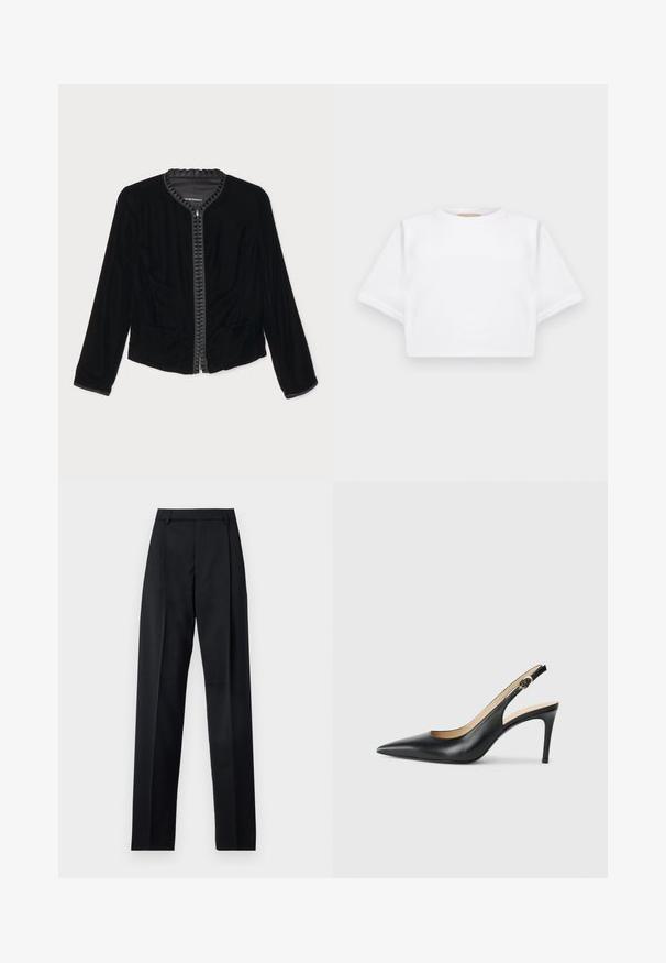 Mustat samettihupparit, jossa on röyhelökaulus, kaksi etutaskua ja pitkät hihat. Sujuva pinta ja istuva malli.; Lyhythihainen valkoinen t-paita pehmeää kangasta, jossa on pyöreä pääntie ja ribbireunat. Yksinkertainen ja ilman koristeita oleva malli.; Musta housut, jotka on valmistettu sileästä kankaasta ja joissa on korkea vyötärö, leveät lahkeet, etukaarteet ja klassiset vyölenkit. Ei näkyviä sivutaskuja.; Mustat nahkaslingback-korkokengät, joissa on terävä kärki, säädettävä hihna ja tyylikäs stiletto-korko, jotka tarjoavat sileän pinnan.