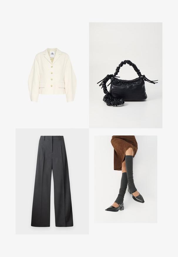 Krém színű, rövidített szabású dzseki, struktúrált gallérral, hosszú ujjal és nagy gombokkal. Elöl zsebekkel és textúrált anyaggal rendelkezik.; Fehér, sima pamutből készült gombos ing, klasszikus gallérral, hosszú ujjakkal és ívelt hemvéggel. A gombok kicsik és fehérek.; Széles szárú nadrág sötétszürke anyagból, magas derekú, egyes redőkkel, sima textúrával és tiszta befejezéssel a szegélyeken.; Fekete lakk bőrből készült, hegyes orrú cipők, tömbsarkúakkal és bokapánttal, szürke bordás lábszármelegítőkkel és barna velúr szoknyával párosítva.; Fekete műbőr kézi táska krokodil bőr textúrával, összehúzható tetejű és gyűrt pánttal. Lágy és kompakt dizájnúnak tűnik.