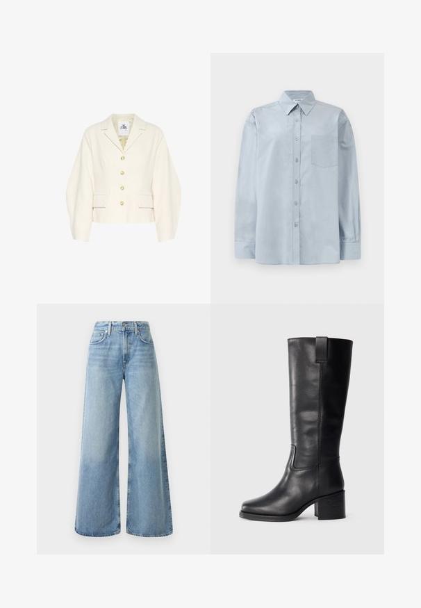 Giacca accorciata color crema con colletto strutturato, maniche lunghe e grandi bottoni. Presenta tasche frontali e un tessuto strutturato.; Camicia a maniche lunghe blu chiaro con colletto a punta e taschino sul petto, stesa su uno sfondo bianco.; Jeans in denim leggero blu chiaro a gamba larga con vita alta, dotati di quattro tasche, chiusura con bottone e leggere sfumature sul tessuto.; Stivali al ginocchio in pelle nera con una texture liscia, punta quadrata, tacco a blocco e linguetta laterale, caratterizzati da dettagli di cucitura minimi.