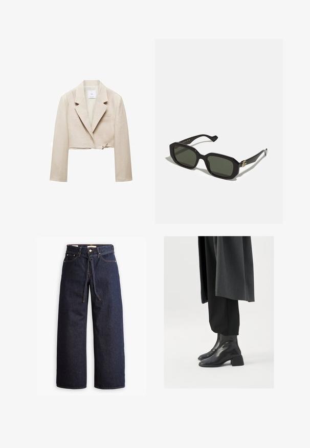 Mango MAENA piaskowy; Granatowy golf z długim rękawem. Wykonany z miękkiego materiału o gładkiej fakturze. Charakteryzuje się dopasowanym fasonem oraz wysokim kołnierzem bez widocznych szwów.; Spodnie dżinsowe w kolorze ciemnoniebieskim o szerokich nogawkach i wysokim stanie, z wiązaniem na sznurki, pięcioma kieszeniami oraz kontrastowymi detalami w staszcu.; Czarne skórzane botki do kostek z kwadratowym noskiem i masywnym obcasem, noszone z luźnymi czarnymi spodniami i ciemnoszarym płaszczem. Gładka powierzchnia.; Czarne prostokątne okulary przeciwsłoneczne z jednolitymi zielonymi soczewkami, z połyskującym wykończeniem i złotym logo po boku.