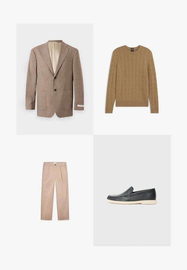 Blazer à carreaux marron et écru, avec des revers en pointe, deux poches avant et une fermeture à deux boutons, doublé de beige.; Pull en tricot marron clair avec un motif en torsades, col rond et poignets et ourlet côtelés. Fabriqué en matériau doux et texturé.; Pantalons kaki en coton avec une coupe droite, dotés de deux poches avant, d'une fermeture à bouton et d'une coupe classique.; Mocassins noirs en cuir à enfiler avec une finition texturée et une semelle en caoutchouc beige contrastante. Présente un accent subtil sur le devant.