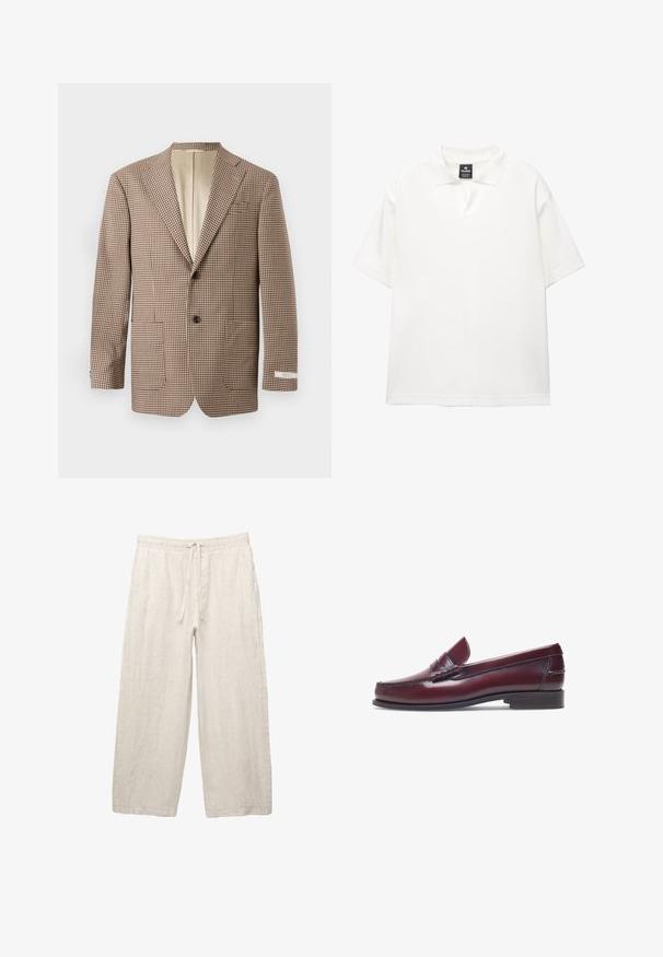 Brauner und cremefarbener kariierter Blazer mit Reverskragen, zwei Vordertaschen und einer Zwei-Knopf-Verschluss, mit einem beigen Futter.; Weiße kurzärmlige Poloshirt aus glattem Stoff mit klassischem Kragen, halbknöpfbarer Knopfleiste und lässiger Passform.; Leinenhosen in hellbeige, mit einem elastischen Bund und Zugkordel, weitem Beinansatz und seitlichen Taschen. Glatte Textur.; Burgunderfarbene Lederloafer mit abgerundeter Zehenform, gestickten Details und einem kleinen dekorativen Akzent auf dem Blatt. Flache, kontrastierende Sohle.