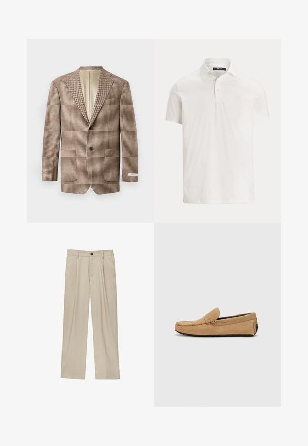 Hnědý a krémový kostkovaný blazer, s klopami, dvěma předními kapsami a zapínáním na dva knoflíky, s béžovou podšívkou.; Pánské bílé polo tričko s krátkým rukávem, límečkem, dvěma knoflíky a jemnou logovou štítkem na vnitřním límci.; Béžové kalhoty klasického střihu, se jedním černým knoflíkem, poutky na opasek a bočními kapsami. Hladká textilie a minimalistický design.; Béžová semišová mokasína s prošívanou špičkou, nazouvací design a černá gumová podešev. Na boku se nachází nenápadné logo.