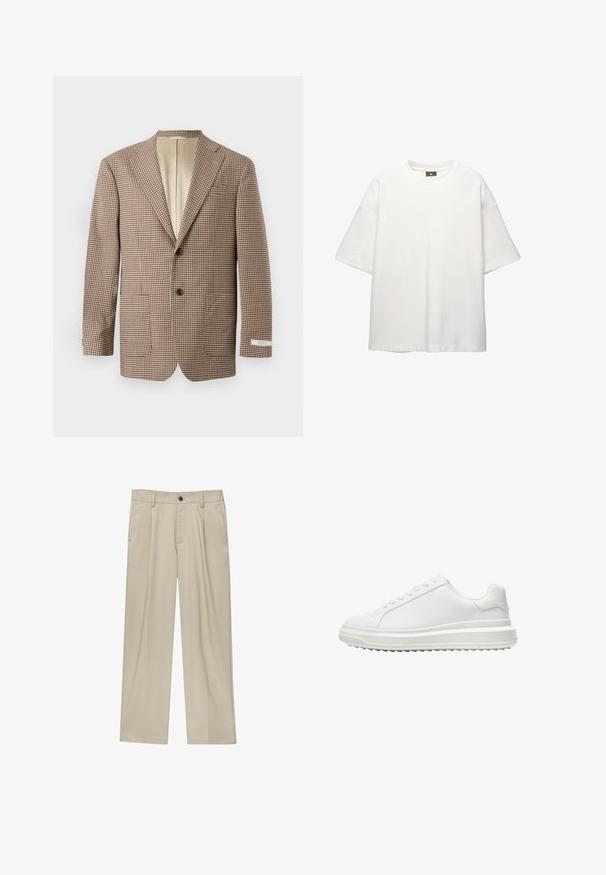 Rjav in krema karo blazer, ki ima zarezne reverje, dve sprednji žepu in zapiranje na dva gumba, z bež podlogo.; Bela kratka majica s kratkimi rokavi in okroglim izrezom, ki se ponaša z udobnim krojem, teksturiranim materialom in šivanim robom. Brez vidnih grafik.; Bež hlače ravnega kroja, z enim črnim gumbom, zanke za pas in stranskimi žepi. Gladka tekstura tkanine in minimalističen dizajn.; Beli copati z gladkim sintetičnim zgornjim delom, okroglo konico, ravnim vezalkami, teksturiranim podplatom in slojevito platformo za dodatno višino.