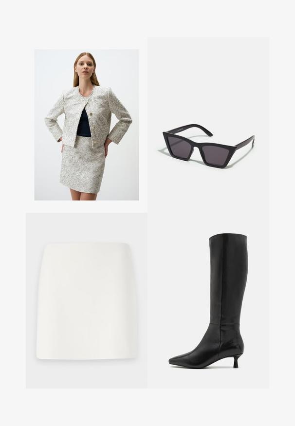 Biała i granatowa marynarka z tweedu z postrzępionymi brzegami, okrągłym dekoltem i dwoma złotymi guzikami. Połączona z pasującą spódnicą z tweedu.; Czarny sweter z golfem, z długimi rękawami, krótki fason, dziany teksturą i dopasowanymi mankietami. Prosty, jednolity kolor bez wzorów.; Biała, dopasowana mini spódnica o gładkiej fakturze i prostych liniach. Brak widocznych wzorów i akcesoriów. Prosty dół.; Zign - Kozaki; Czarne, kanciaste okulary przeciwsłoneczne z szarymi soczewkami; wykonane z plastiku, z grubymi zausznikami o gładkiej powierzchni i bez widocznych elementów metalowych.