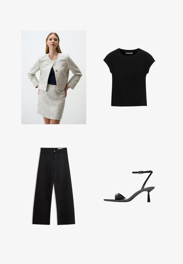 Weiße und marineblaue Tweedjacke mit fransigen Kanten, runder Ausschnitt und zwei goldenen Knöpfen. Kombiniert mit einem passenden Tweedrock.; Schwarzes Kurzarm-T-Shirt aus weichem Stoff, mit Rundhalsausschnitt und lockerer Passform, glatter Textur und ohne Muster.; Schwarze weit geschnittene Jeans mit hoher Taille, ausgestattet mit Vorder- und Hintertaschen, gesteppten Nähten und einem Knopfverschluss. Glatte Textur.; Bershka High Heel Sandalette - black