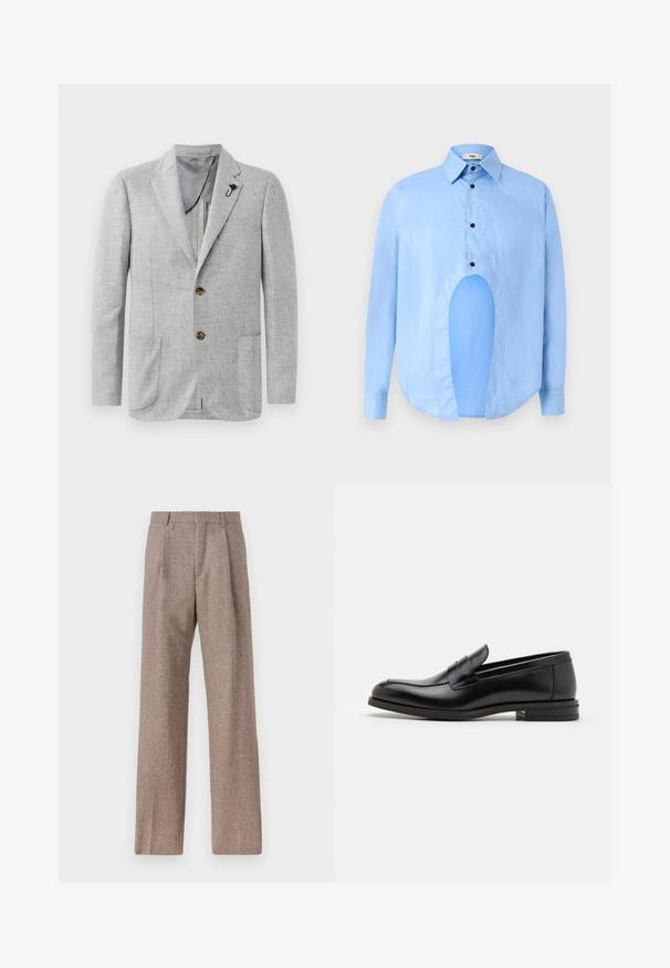 Blazer grigio chiaro con tessuto testurizzato, due tasche frontali e bottoni marroni. L'interno ha un rivestimento grigio liscio con una spilla in accentuazione.; Camicia azzurro chiaro a maniche lunghe con colletto a punta, bottoni neri e un taglio unico nella parte anteriore per un design distintivo.; Pantaloni marroni a vita alta realizzati in tessuto testurizzato. Presentano gambe ampie e due pieghe frontali per struttura. Rifinitura curata senza hardware visibile.; Mocassini neri in pelle con una texture liscia, punta arrotondata e una striscia decorativa sulla tomaia. Tacco basso impilato, design minimalista.