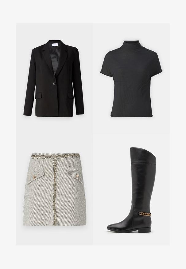 Juodas švarkas, pagamintas iš lygaus audinio, su viena mygtuko uždarymo sistema, dviem priekinėmis kišenėmis, aštriomis atlapinėmis ir satino apdaila viduje.; Juodas trumpas rankovėmis pull-over tipo megztinis, pagamintas iš lengvos medžiagos su lygiu paviršiumi ir prigludusia forma, turintis aukštą apykaklę.; Audimas pintas tweed sijonas baltai juodai su žuvų kaulų raštu, turi dvi priekines kišenes ir auksinės spalvos užtrauktuką gale su nusidėvėjusiais kraštais.; Aukšti juodi odiniai batai su liekna forma, smailiu smaigaliu ir aukso grandinėlės akcentu ties kulkšnimi. Žemas bloko kulnas. Lygi tekstūra.