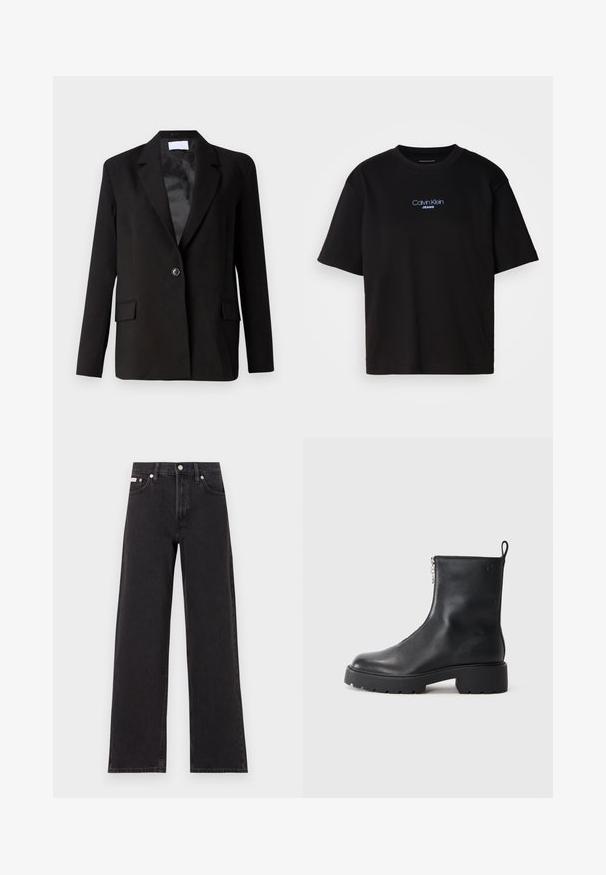 Svart blazer laget av glatt stoff, med en enkel knappelukking, to frontlommer, skarpe revers og satin-finish innside.; Sort bomull t-skjorte med rund hals, korte ermer, og blå brodert "Calvin Klein JEANS" logo på forsiden.; Svart bredbente jeans laget av denim, med høy livvidde, fem lommer, og metallknapp med kontrasterende søm.; Sorte skinn ankelstøvler med glidelås på siden, rund tå og en chunky, strukturert såle. Diskret merkevare på siden.