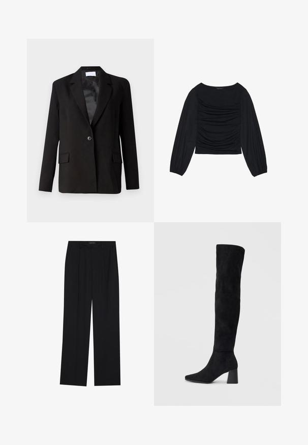 Svart blazer laget av glatt stoff, med en enkel knappelukking, to frontlommer, skarpe revers og satin-finish innside.; Svart langermet topp med rynket stoffdetalj foran og ved håndleddene, laget av mykt, elastisk materiale med båthals.; Sorte bukser med rette ben, som har to frontlommer og en talje. Laget av et glatt, lett stoff.; Sorte semskede knelang støvel med blokk-heelsk, spiss tå og glatt, sømløst design på en ensfarget lys bakgrunn.