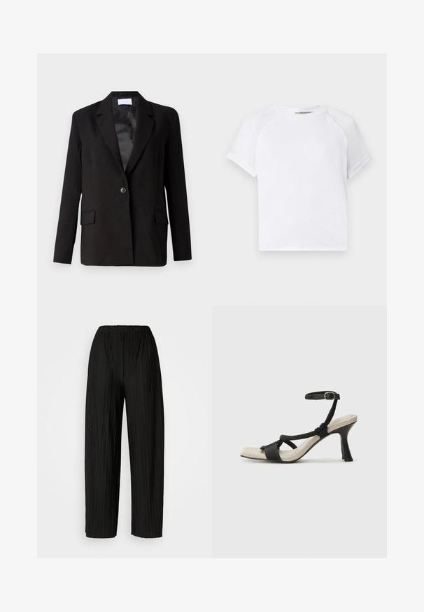 Melns žakets, izgatavots no gludas auduma, ar vienu pogu, divām priekšējām kabatām, asiem atloka galiem un satīna apdari iekšpusē.; Balta kokvilnas T-krekls ar apaļu kakla izgriezumu, īsām raglanu piedurknēm un brīvu piegriezumu. Gluda tekstūra bez redzamām detaļām vai akcentiem.; Melni plaši svārki ar krokām un elastīgu jostu. Audumam ir vertikālas krokas un gluda tekstūra.; Melnas augstpapēžu sānijas ar pinuma siksnu dizainu, kvadrātveida purngali un regulējamu potītes siksnu. Gaismas beidzamais kāju paklājiņš ar spīdīgu melnu papēdi.