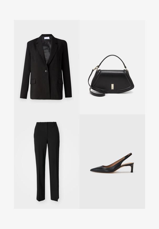 Blazer noir en tissu lisse, doté d'une fermeture à un bouton, de deux poches avant, de revers pointus et d'un intérieur en satin.; T-shirt blanc cintré, manches courtes et larges, en coton doux, décolleté rond avec une discrète bordure orange, design minimaliste, sans motifs ni graphiques.; Pantalon noir ajusté avec une coupe droite, présentant une texture lisse et des plis nets sur le devant. Aucune quincaillerie visible.; Escarpin slingback en cuir noir avec un bout pointu, un petit talon et une texture lisse. Doté d'une fine sangle réglable pour un ajustement sécurisé.; Sac à main en cuir noir avec un design structuré, featuring une forme cropped, une poignée supérieure et des accents en matériel doré. Bandoulière réglable incluse.