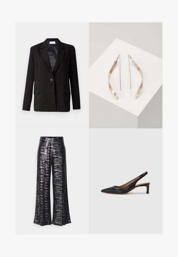 Svart blazer laget av glatt stoff, med en enkel knappelukking, to frontlommer, skarpe revers og satin-finish innside.; Hvit ermeløs tanktop laget av ribbet stoff, med rund hals og en tettsittende silhuett, med minimale sømmer og ingen dekorasjoner.; Sorte vide bukser med en skinnende pailletstruktur og et bølget mønster. Høj talje-design, flydende silhuet og glat finish.; Svart lær slingback pumpe med spiss tå, lav hæl og en jevn tekstur. Har en tynn justerbar stropp for en sikker passform.; Gull- og sølvfargede dråpeøredobber med en buet, avlang form. Glansfull overflate med en jevn tekstur og minimalistisk design.