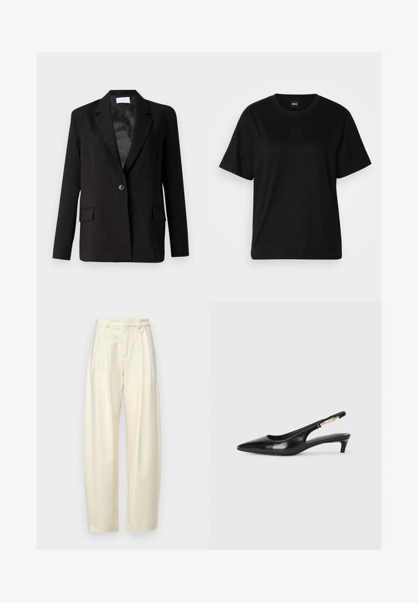 Zwarte blazer van gladde stof, met een enkele knoopsluiting, twee voorkruiden, scherpe revers en een satijnen binnenvoering.; Zwarte katoenen t-shirt met een ronde hals, korte mouwen en een geborduurd logo op de borst. Eenvoudige, comfortabele pasvorm zonder patronen.; Plooibare, hoge taillebroek van licht crèmekleurige stof. Heeft een rechte_snit en een soepele textuur. Geen zakken of zichtbare hardware.; Zwarte leren slingback hakken met een spitse neus, voorzien van een slanke hak en een goudkleurige accent op de verstelbare band. Gladde textuur.
