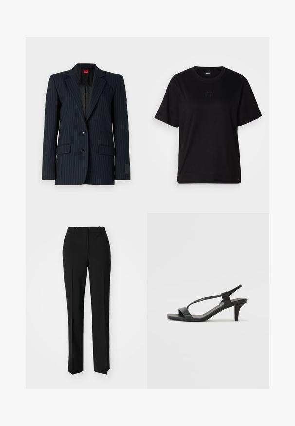 Dark navy tailored blazer with thin vertical pinstripes, featuring notched lapels, two-button closure, and two front pockets. Red interior label.; Black cotton t-shirt with a crew neckline, short sleeves, and an embroidered logo on the chest. Simple, relaxed fit with no patterns.; Black tailored trousers with a straight-leg design, featuring a smooth texture and crisp creases along the front. No visible hardware.; Black heeled sandals with a slender strap design, square toe, and a mid-height block heel. Made from smooth leather with a matte finish.