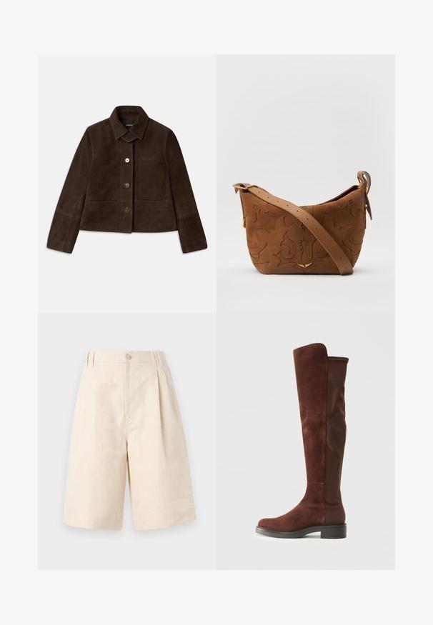 Giacca corta in suede marrone con colletto a risvolto, chiusura con bottoni frontali e dettaglio logo ricamato. Presenta maniche lunghe e due tasche frontali.; Camicetta beige tagliata con maniche corte, chiusura a bottoni e bottoni argentati. Presenta un dettaglio ricamato giallo sul lato sinistro.; Pantaloni shorts in lino beige con una vestibilità rilassata, dotati di chiusura con bottone, design plissettato e taglio lungo fino al ginocchio. Tessuto morbido e stile semplice.; Stivale alto in suede marrone e tessuto con tacco nero basso e punta arrotondata, mostrato in vista laterale su sfondo bianco puro.; Borsa a spalla in suede marrone con design floreale impresso, completata da una morbida tracolla in pelle marrone e dettagli in metallo dorato.