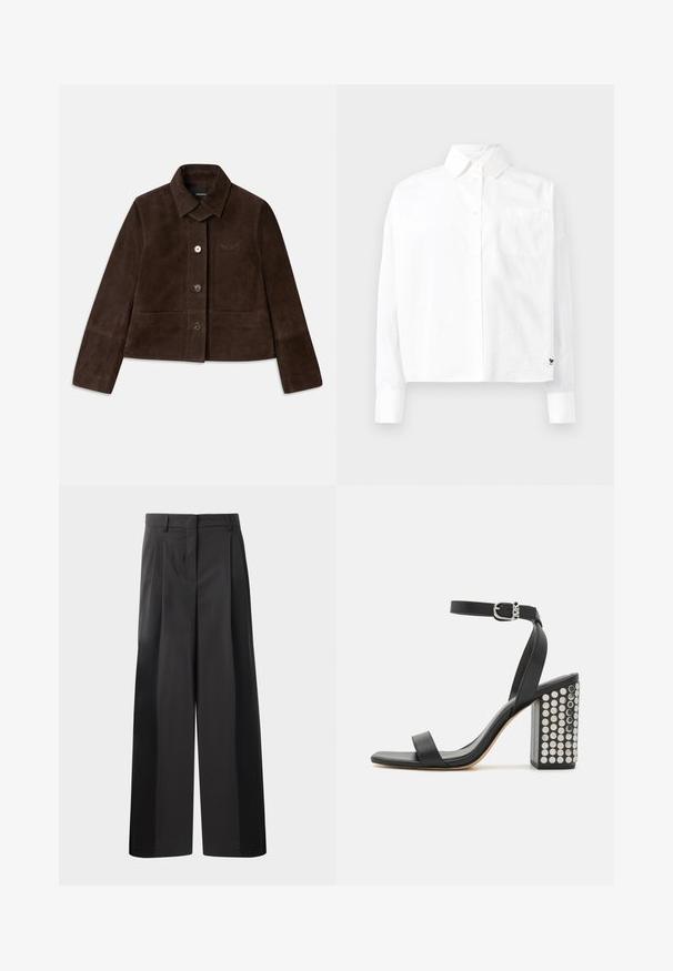 Brown suede cropped jacket with a fold-down collar, front button closure, and embroidered logo detail. Features long sleeves and two front pockets.; White long-sleeve button-up shirt with a pointed collar, single chest pocket, and cuffed sleeves. Made of smooth, lightweight fabric.; Black wide-leg trousers with a high waist, featuring front pleats, a smooth texture, and a tailored finish. Designed for a relaxed fit.; Black leather heeled sandals with an ankle strap. Features a square toe, smooth texture, and square block heel adorned with silver studs.