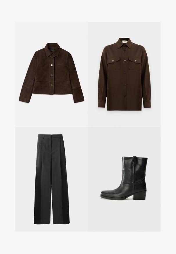 Brown suede cropped jacket with a fold-down collar, front button closure, and embroidered logo detail. Features long sleeves and two front pockets.; Dark brown long-sleeve button-up shirt with two flap chest pockets and a classic collar, displayed against a plain white background.; Black wide-leg trousers with a high waist, featuring front pleats, a smooth texture, and a tailored finish. Designed for a relaxed fit.; Black leather ankle boot with a rounded toe, block heel, side zipper, and stitching accents on the vamp. Smooth texture, classic design.
