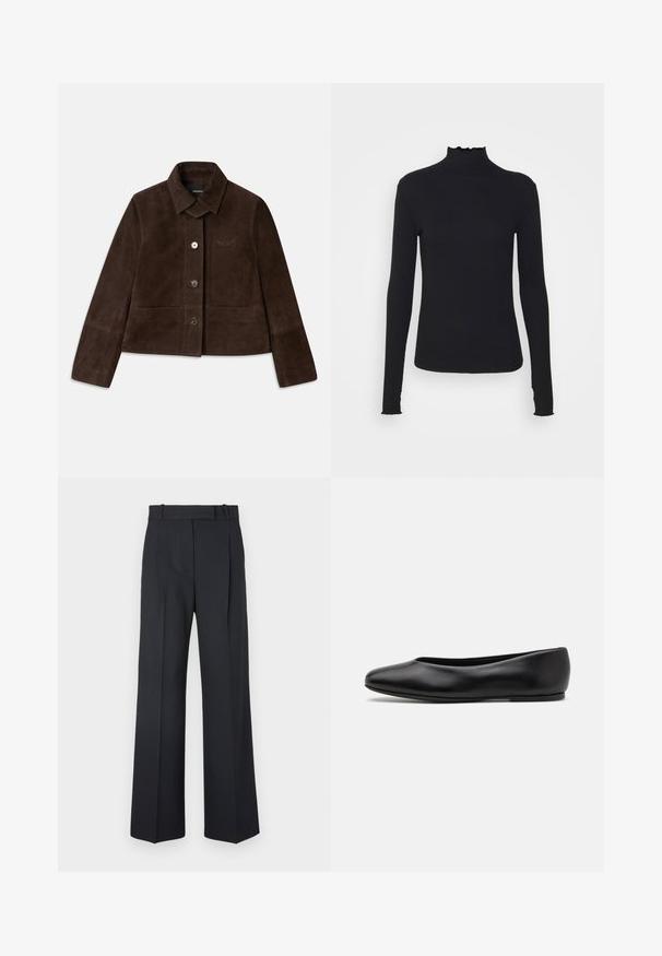 Giacca corta in suede marrone con colletto a risvolto, chiusura con bottoni frontali e dettaglio logo ricamato. Presenta maniche lunghe e due tasche frontali.; Maglione nero a maniche lunghe con colletto a dolcevita realizzato in tessuto morbido, caratterizzato da un collo arricciato e una silhouette aderente con bordi semplici.; Pantaloni a righe blu scuro con vita alta, design a gamba larga e senza hardware o decorazioni visibili. Tessuto liscio e vestibilità sartoriale.; Paul Smith TOPANGA - Ballerine - black