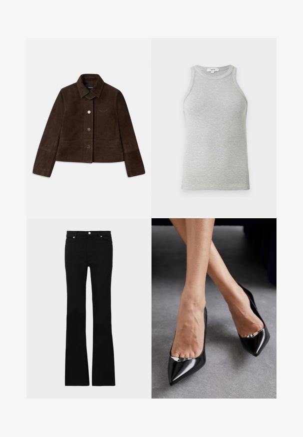 Braune Wildleder-Cropped-Jacke mit umklappbarem Kragen, vorderem Knopfverschluss und gesticktem Logodetail. Verfügt über lange Ärmel und zwei frontale Taschen.; Graues, geripptes Tanktop mit figurschmeichelndem Design, weiten Armausschnitten und runder Ausschnittlinie. Aus weichem Baumwollstoff mit glatter Textur gefertigt.; Schwarze, ausgestellte Jeans aus Denim, ausgestattet mit zwei Fronttaschen, einem Knopfverschluss und einer glatten Oberfläche. Signatur-Nähte an den Nähten sichtbar.; Schwarze Leder-Pumps mit hohem Absatz, spitzer Zehenform und offenem Design, ausgestattet mit einem dekorativen silbernen Akzent. Glatte Textur mit poliertem Finish.