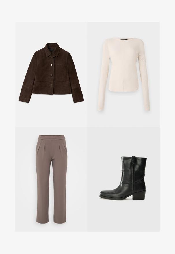 Hnědá sueded zkrácená bunda s sklápěcím límcem, předním zapínáním na knoflíky a vyšívaným logem. Obsahuje dlouhé rukávy a dvě přední kapsy.; Dlouhý rukáv, světle béžový top s kulatým výstřihem. Vyrobeno z jemné látky, má středový šev a mírně zaoblený lem. Bez viditelné kovové úpravy.; Taupe volné kalhoty s elastickým pasem a předními záhyby, vyrobené z hladkého materiálu.; Černá kožená kotníková bota s kulatou špičkou, blokovým podpatkem, bočním zipem a prošíváním na svršku. Hladký povrch, klasický design.