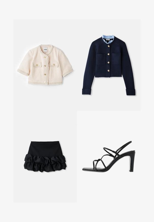 sandro VESTE - Bleizeris - ecru/rose; Jūrų mėlynos spalvos trumpas kardiganas su dviem priekinėmis kišenėmis, auksiniais mygtukais ir šviesiai mėlynu volaniniu apykakle. Pagamintas iš raukšlėtos tekstūros medžiagos.; Pilkas megztas trumpomis rankovėmis kardiganas su pynimo raštu, turintis džinsinį apykaklę ir penkis auksinius mygtukus priekyje.; Juoda mini sijonas su prigludusia viršutine dalimi ir trimis raukšlėto audinio sluoksniais apačioje, su lygiu paviršiumi ir švariais kontūrais.; Juodi aukšti sandalai su plonomis dirželėmis, tekstūruotu paviršiumi, atvira kojų pirštų dalimi ir elegantišku, smailiu kulnu. Yra lygus įdėklas ir blizgus paviršius.