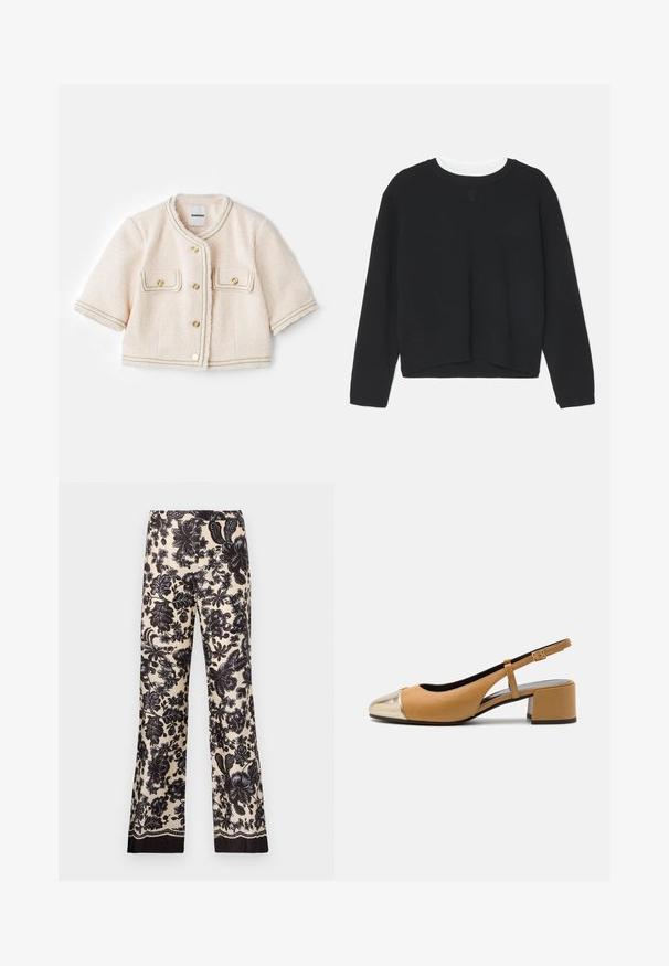 sandro VESTE - Bleiser - ecru/rose; Must mustreeningud, pikad varrukad, ümar kaelus ja veidi lühem hem. Valmistatud pehmest kangast, ees on peen logo detail.; Kreemides toonides lillemustriga laiade jalgade püksid mustade tooni elementidega. Omavad siidjat tekstuuri ja kontrastset tumedat äärt allääris.; Kohvane nahast slingback pump metallikuldse kapotäppega, mis omab plokkninat ja peent reguleeritavat rihma. Sile tekstuur ja minimaalne detailitus.