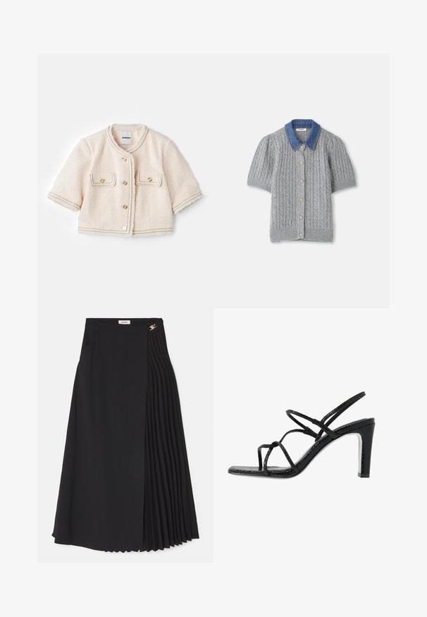 sandro VESTE - Bleiseri - ecru/rose; Harmaa neulottu lyhythihainen kardigan, jossa on kaapelikuvio, denimikaulus ja viisi kultanappia edessä.; Mustapleidi hame, jossa on laskostettu muotoilu yhdellä puolella, valmistettu kevyestä kankaasta, ja siinä on piilotettu vetoketju sekä sivutaskut.; Mustat korkokengät avonaisilla varpailla, ohuilla remmeillä, teksturoidulla pinnalla ja tyylikkäällä, teräväkärkisellä korolla. Sisältää sileän sisäpohjan ja kiiltävän pinnan.