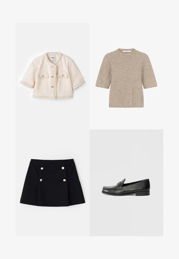 sandro VESTE - Bleizeris - ecru/rose; Smėlinis trumpomis rankovėmis megztinis, pagamintas iš švelnaus mezginio, su apvalia iškirpte ir laisvu siluetu. Paviršius šiek tiek pūkuotas.; Juoda mini sijonas iš lankstaus audinio, su dviem auksiniais mygtukais priekyje, raukšlėta konstrukcija ir tiesiu kraštu.; Juodi odiniai loaferiai su apvalia nosimi, pakeltomis siuvimo detalėmis ir žemu grioveliu. Lygi tekstūra su subtiliu blizgesiu.