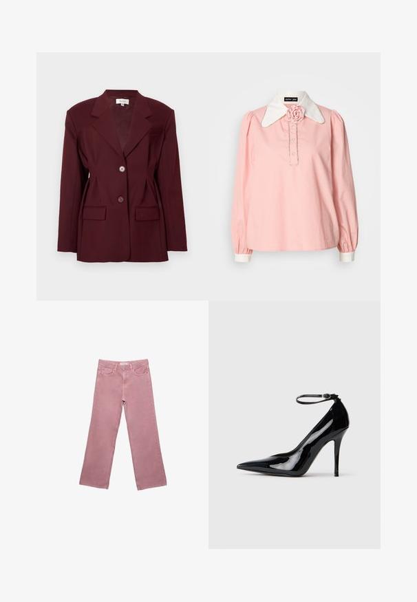 Burgundska blazer s klapnimi reverji, dvema gumboma in dvema sprednjima žepoma. Gladko blago z strukturirano prileganjem in minimalnimi detajli.; Roza bluzica z dolgimi rokavi in belim ovratnikom, ki ima poudarek v obliki vrtnice, zapiranje na gumb in elastične manšete. Narejena iz lahkega materiala.; Roza široka jeans hlače iz denima, z visokim pasom, sprednjimi žepi in subtilnimi šivi. Gladka tekstura brez vzorcev.; Črne lakaste visoke pete z ostrim nosom, zankasto zapiranje in eleganten, sijoč zaključek. Stiletto peta dopolnjuje elegantno obliko.