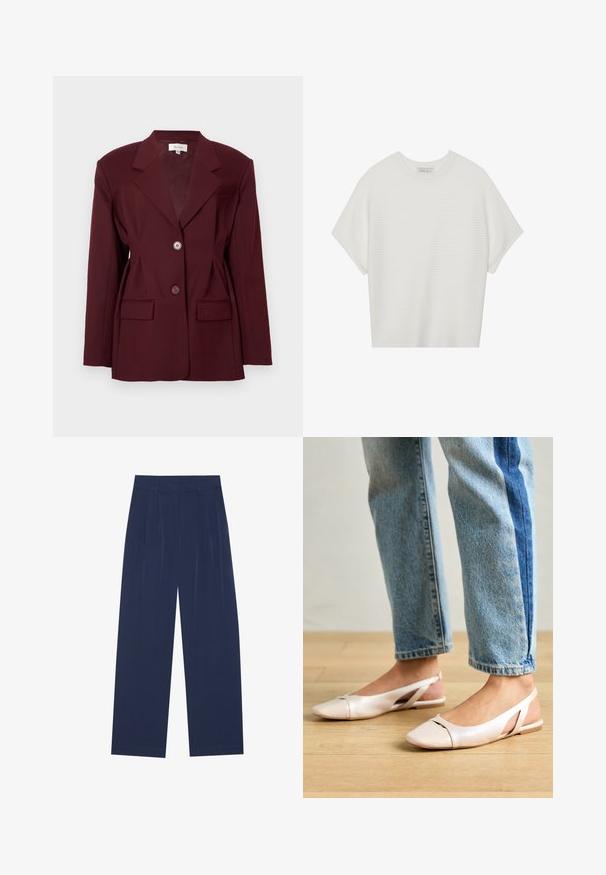 Burgunderfarget blazer med noterte slag, to knapper og to frontlommer. Glatt stoff med strukturert passform og minimal detaljering.; Hvit t-skjorte med korte ermer, bred rund hals og teksturert ribbet mønster, laget av myk stoff, med en avslappet passform og et enkelt design.; Marineblå bukser med vide ben laget av mykt stoff, med frontfolder, en glatt tekstur og en rett passform uten synlige lommer.; Lys rosa slingback leiligheter med spiss tå, laget av et glatt, læraktig materiale. Har utskjæringer på sidene og lav hæl.