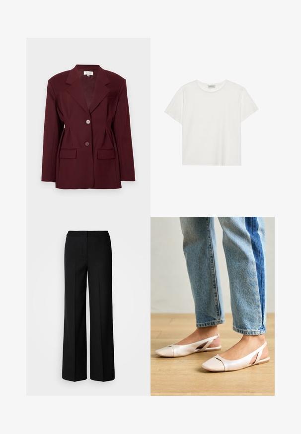 Burgunderfarget blazer med noterte slag, to knapper og to frontlommer. Glatt stoff med strukturert passform og minimal detaljering.; Hvit T-skjorte med kort erm laget av myk bomull. Har rund hals og avslappet passform. Rent design uten synlige mønstre eller aksenter.; Svarte vide bukser med et glatt stoff, med høy livvidde, skreddersydde sømmer og et minimalistisk design. Ingen synlig maskinvare eller lommer.; Lys rosa slingback leiligheter med spiss tå, laget av et glatt, læraktig materiale. Har utskjæringer på sidene og lav hæl.